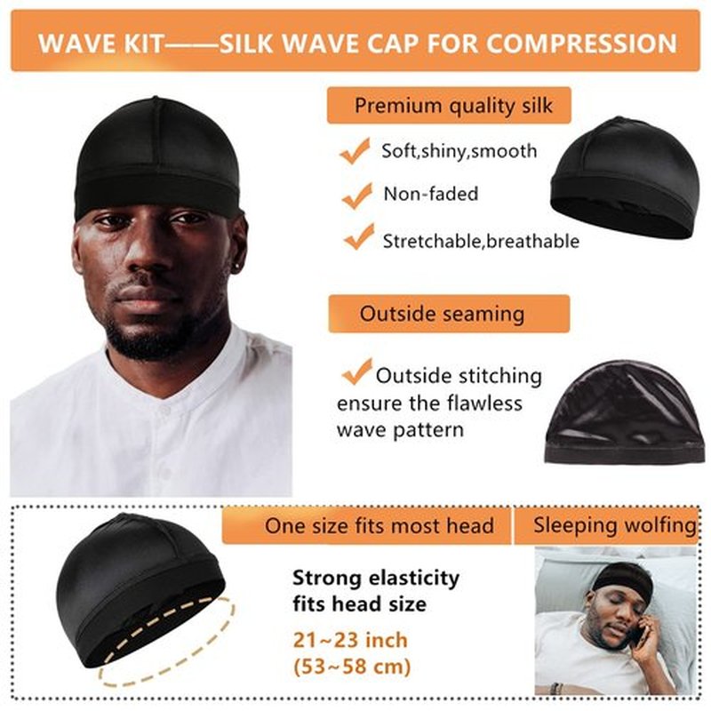 Himoswis 360 Wave Brush Set with Curved Medium Hard Brushes, Durag, Crown Patch - Hair Waves Starter Kit for Men