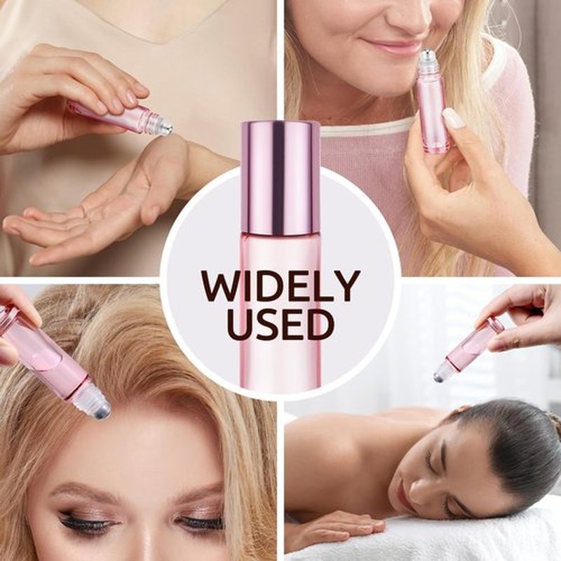 4 Pack, Essential Oil Roller Bottles, Pink Glass Roller Balls for Essential Oils, 10ml Empty Rollerball Bottles for Travel Refillable Roll on Perfume Bottles with Pink Caps
