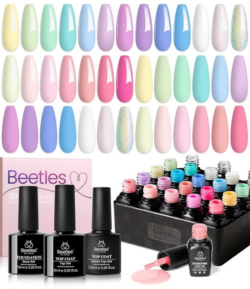 beetles Valentines Gel Polish Nail Set 20 Colors Summer Pastel Girly Sparkle Glitter Uv Gel Dreamy Town Collection Macaroon Bright Pastel Nail Manicure Kit with 3Pcs Base Top Coat Gift for Girls