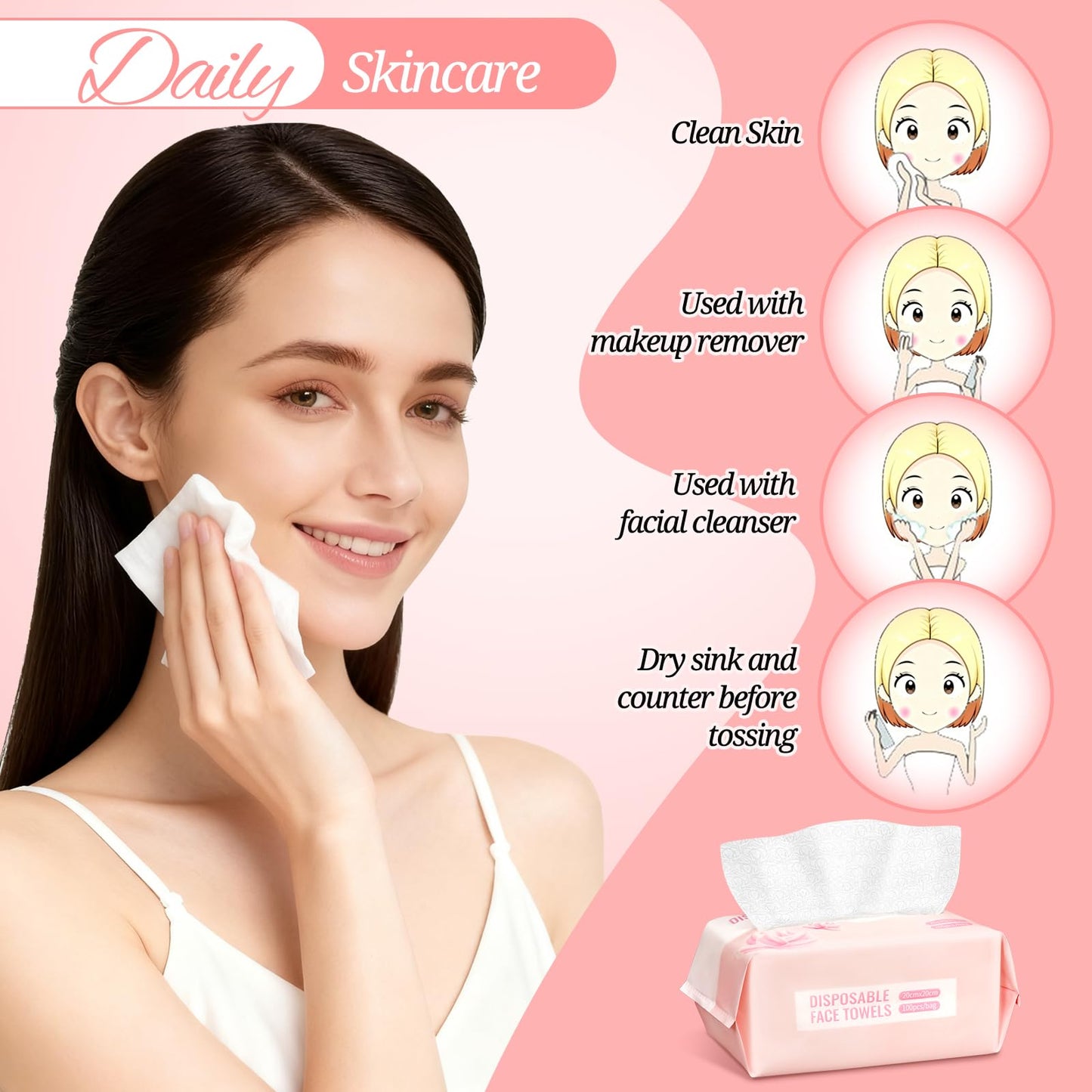 Face Towels Disposable, Clean Towels for Face, 7.8 Inch Soft Thick Lint-Free Disposable Face Towels, Makeup Remover Dry Wipes for Sensitive Skin, 100 Count