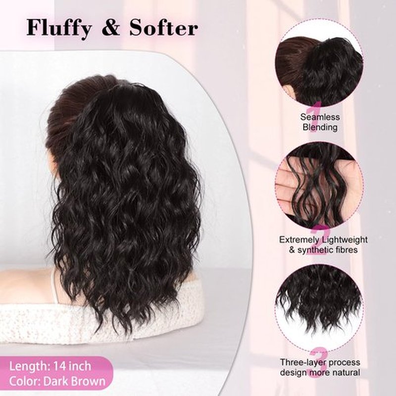 QGZ Curly Ponytail Extension 14 Inch Drawstring Ponytail for Women Synthetic Short Curly Wavy Fluffy Clip in Ponytail Hair Extensions for Women(Dark Brown)