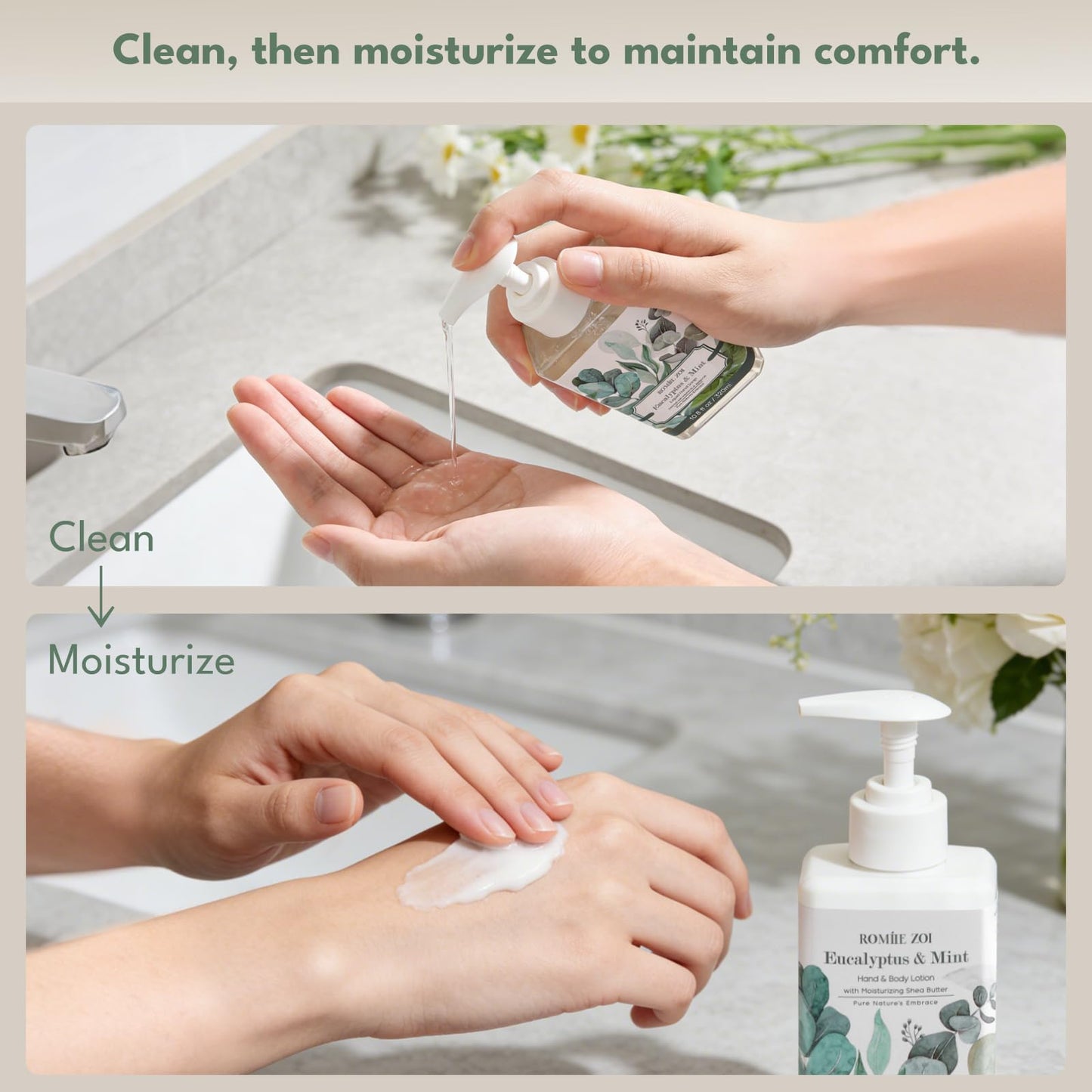 ROMIIE ZOI Eucalyptus Mint Liquid Hand Soap and Lotion - 320ml / 10.8 Fl Oz Each - Invigorating Zest, Gentle on Hands
