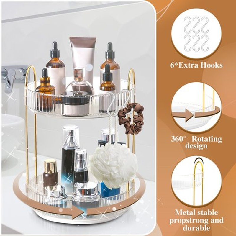 Rotating Makeup Organizer for Vanity,Lazy Susan Organizer Rotating Skincare Make Up Storage Cosmetic Dresser Organizer Countertop Organizer with Extra Hooks DIY Stickers for Bathroom