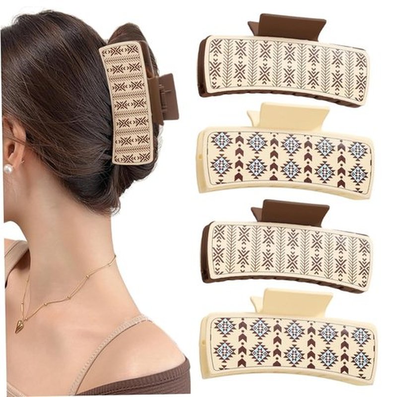 4 Pcs Western Hair Clips for Women, Yellow Chrysanthemum, Cow Print, Square Claw Clips, Vintage Print Western Claw Clips, Country Stuff Headdress Gifts for Women Girls (C)