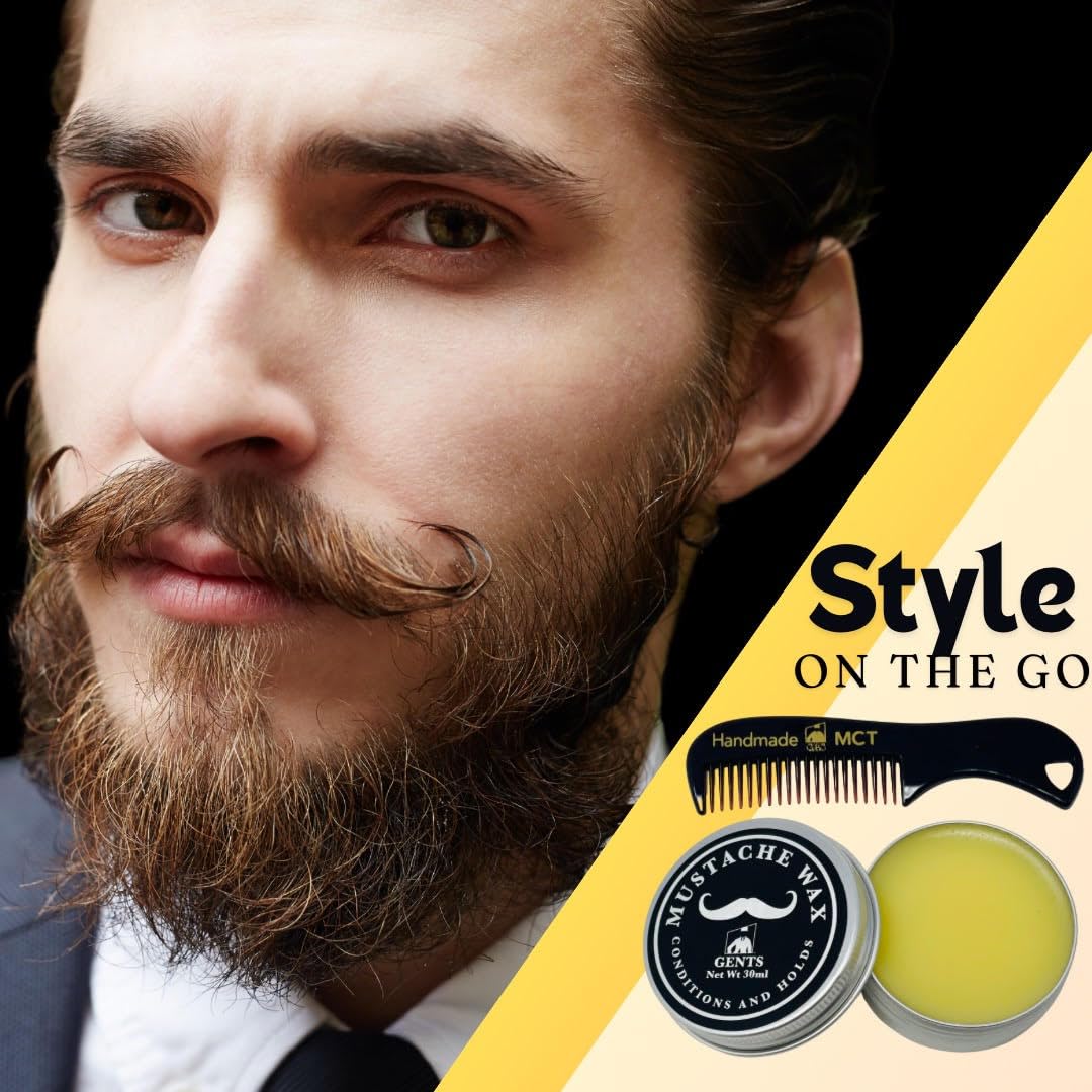 Gents Unscented Mustache Wax Kit – Extra Strong Hold, Fragrance Free – Includes Handmade Mustache Comb, Trimming Scissors & Black Beard Filler Pen