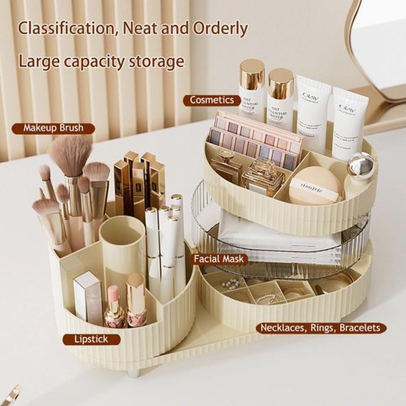Artcochan Makeup Organizer Countertop 360°Rotating Makeup Organizer for Vanity - Make Up & Jewelry Storage Cosmetic Storage Holder with Makeup Brush Holder and Jewelry Storage (3 Tiers, Cream)