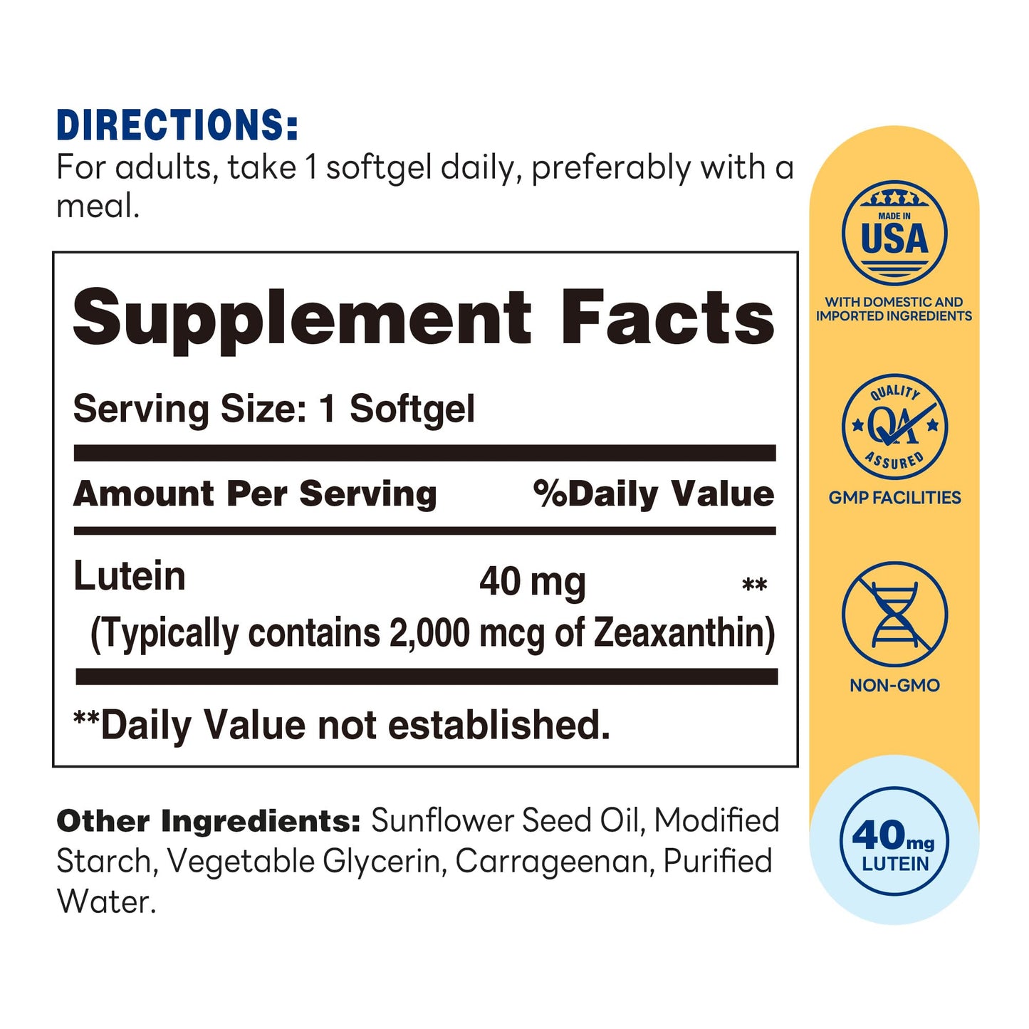 Vitamin World Lutein and Zeaxanthin Supplements, 40mg Lutein, Vegetarian Eye Health Supplement, Once Daily to Help Filter Blue Light & Support Vision, Non-GMO, Gluten-Free, 2 Month Supply