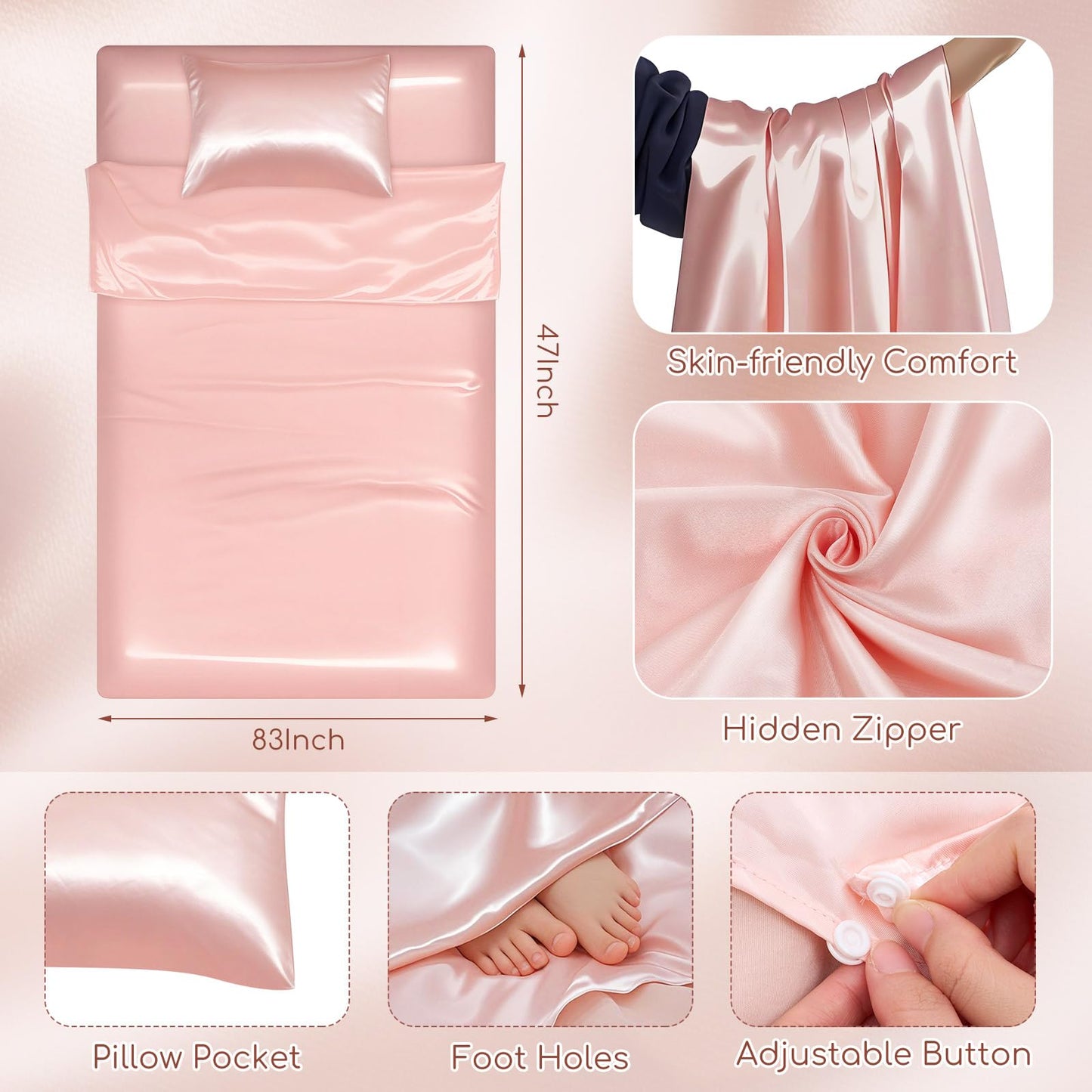 Irenare Protector 3 Pack Self Tan Sack Silk Sleep Sack Gift Set Reusable Body Lightweight Breathable with Self Tan Pillowcase and Storage Bag Tanning Sheet for Bed Travel Sleeping Bag(Rose Gold)