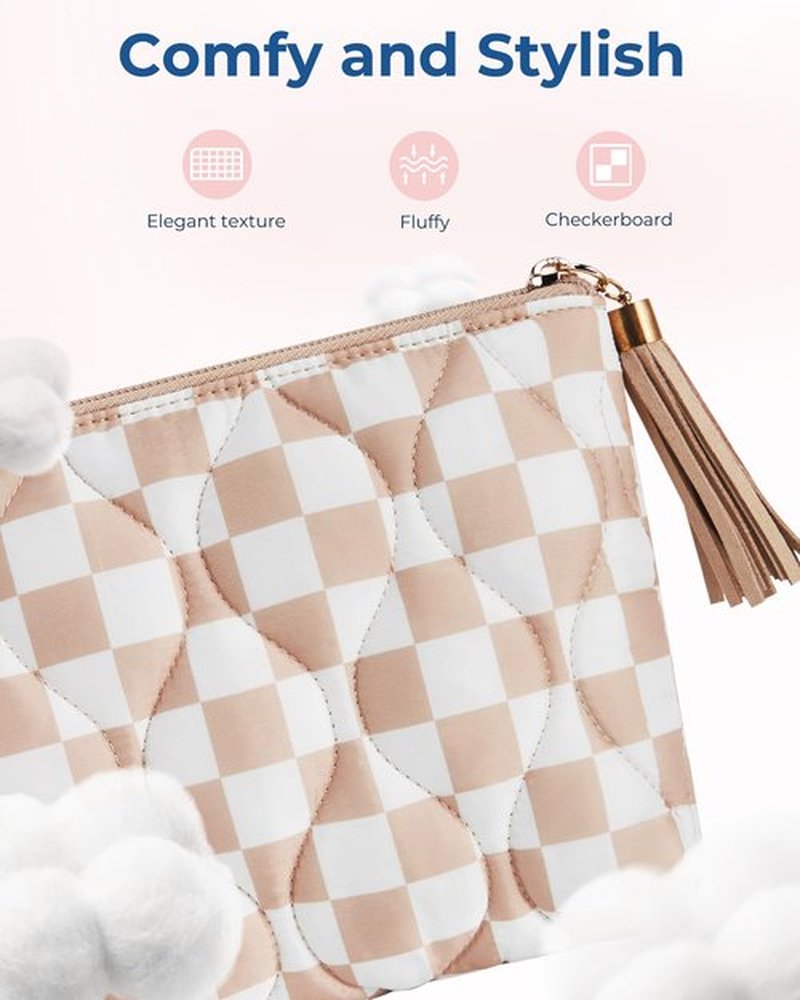 BAGSMART Small Makeup Bag for Purse, Checkered Makeup Bags, Travel Makeup Pouch Mini Cosmetic Bag Zipper Pouch for Travel Size Toiletries Accessories Brushes, Great Gifts for Women (Khaki)