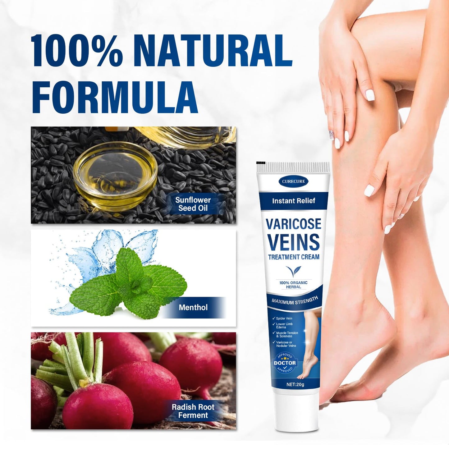 CURECURE Varicose Veins Treatment for Legs, Varicose Veins Treatment Cream- Improves Blood Circulation, Reduces Varicose Veins and Heaviness, 2 Count