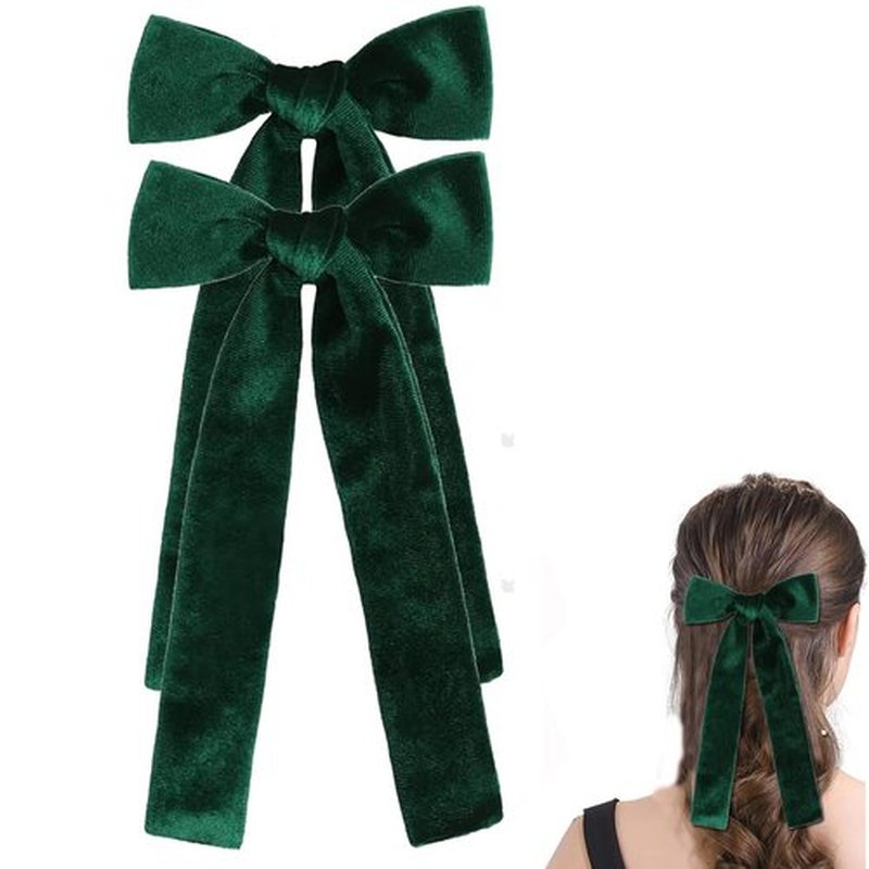 2PCS Velvet Hair Bows, Hair Ribbon Clips Big Fall Alligator Clips Hair Accessories for Women Girls (Green)