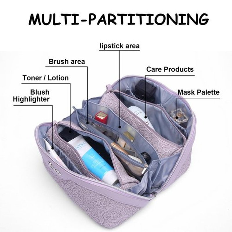 Travel Makeup Bags Cosmetic Organizer Bag: 3-Set Large Capacity Make up Bag - PU Leather Toiletry Bag for Women - Wide Open Portable Pouch with Divider & Handle (02-Z-Violet)