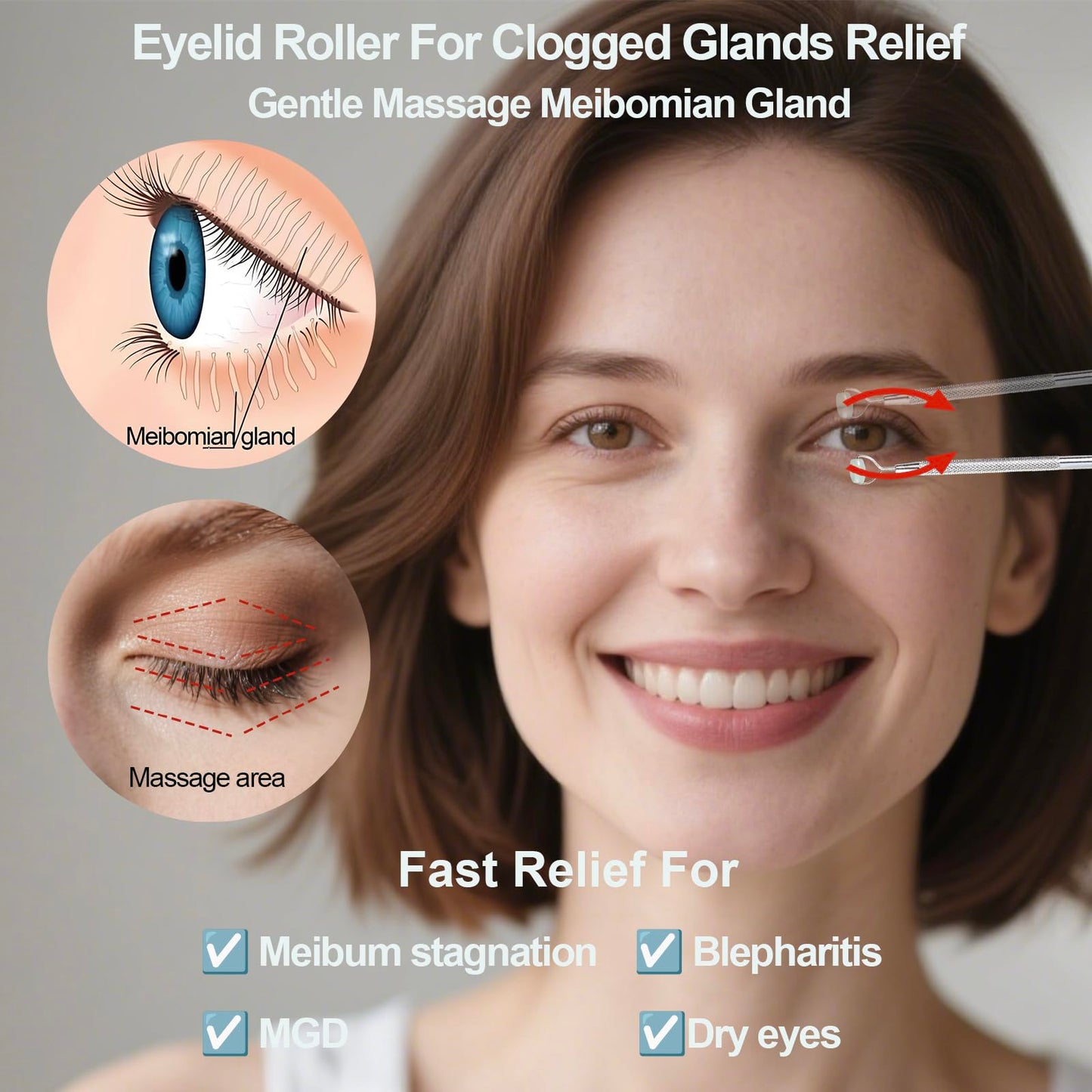 NKQ Metal Eyelid Massage Wand for Dry Eyes,Eyelid Roller for Chalazion,Stye & MGD Relief,Improves Meibum Flow & Unclogs Oil Glands,Gentle Meibomian Gland Expression for Blocked Eyelid Glands (mini)
