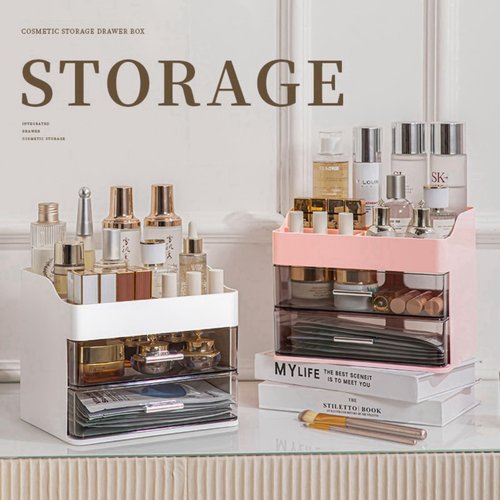 Makeup Organizer for Vanity,Vanity Organizer with 2 Drawers,Makeup&Skincare Organizers Countertop,Cosmetic Display Case,Vanity Storage Box(Pink)