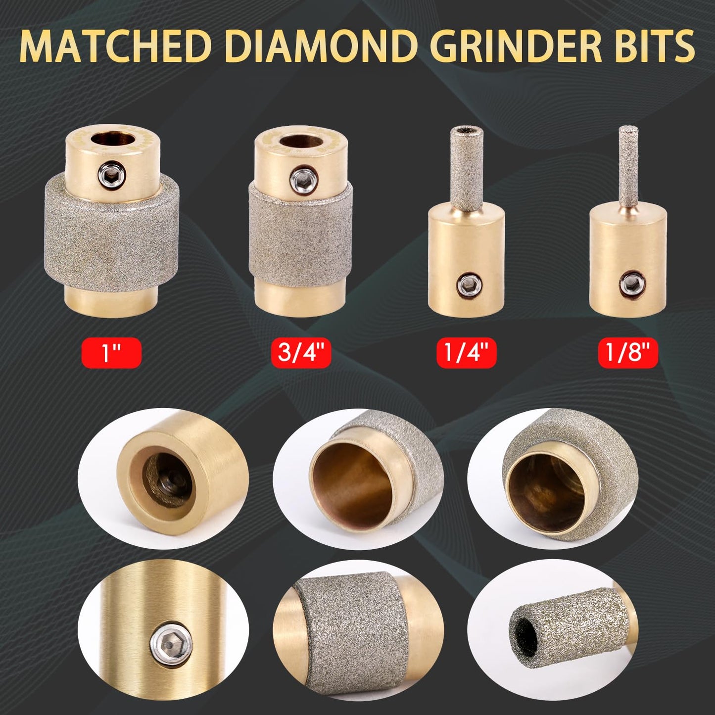 Buenoarte Combination Set 1 3/4 1/4 1/8 Inch Diamond Grinder Bit Head Tools Brass Core Stained Glass Grinder Bits & Diamond Grinder Bit Head Tools, Tools and Supplies for Stained Glass (4)