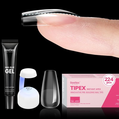 Beetles Tipex Gel Nail Kit Short Coffin Instant Apex Nail Tips, 224 Pcs Pre-Building&Pre-Etched Coffin False Nail Tips with Uv Nail Glue, LED Mini Nail Lamp-Thick Acrylic Nail Set for Flat Nails