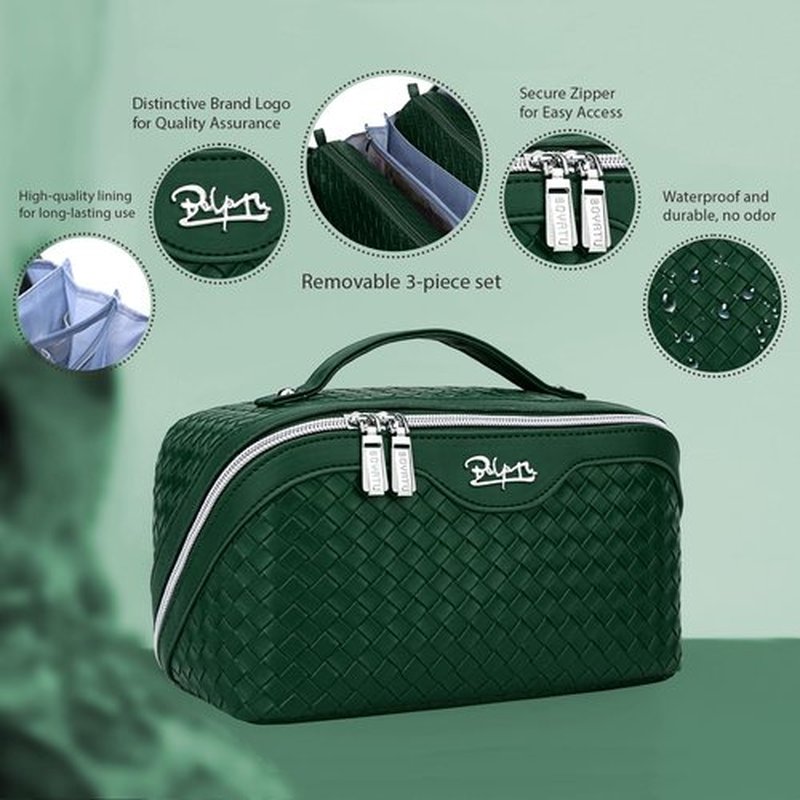 BOYATU Makeup Bag Travel Cosmetic Case: Large Capacity Woven Cosmetic Bag Organizer - Portable Toiletry Bags with Handle for Women 1-Z-Olive