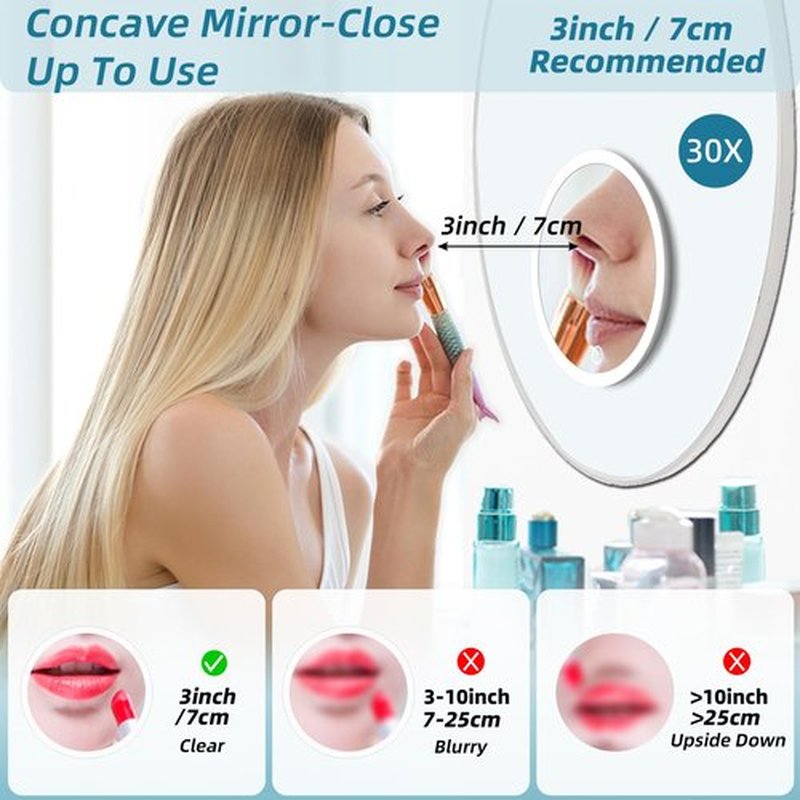 Magnifying Mirror with Light 30X, Large 6" Rechargeable 3 Colors Modes Dimming Lighted Makeup Mirror with 30X Magnification, LED Travel Magnified Mirror with 3 Suction Cups and 360° Table Stand