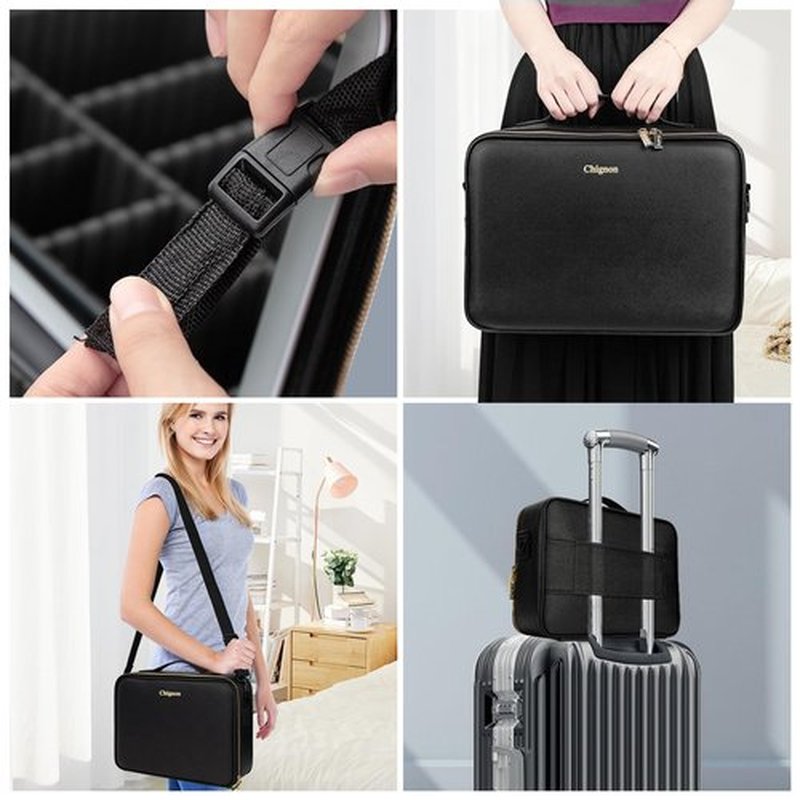 14.6”X 10.3”Large Makeup Case Black with Lighted Up Mirror, Professional Travel Vanity Cosmetic Train Bag with LED Light, 3 Colors Light and Adjustable Brightness Makeup Case for Women Girls (Black)