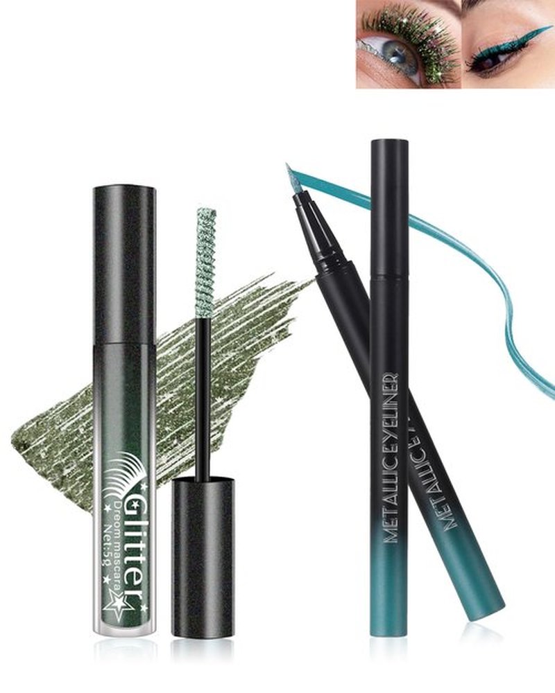 Glitter Mascara and Eyeliner Set, Diamond Sparkle Effect, Lengthening Volumizing Shimmer Colored Mascara for Eyelash, Waterproof Metallic Glitter Eyeliner Liquid, Women Cosplay Party Eye Makeup-Green