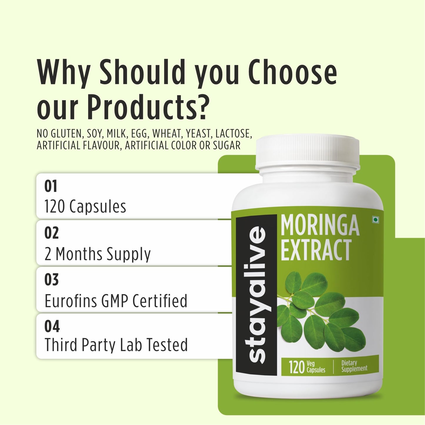 STAY ALIVE Moringa Capsules 1000mg, 20:1 Extract, 120 Pills, Green Superfood with Extra Strength, 100% Pure Oleifera Leaf Powder, 2 Months Supply, All Natural, Non-GMO & Gluten Free Moringa Supplement