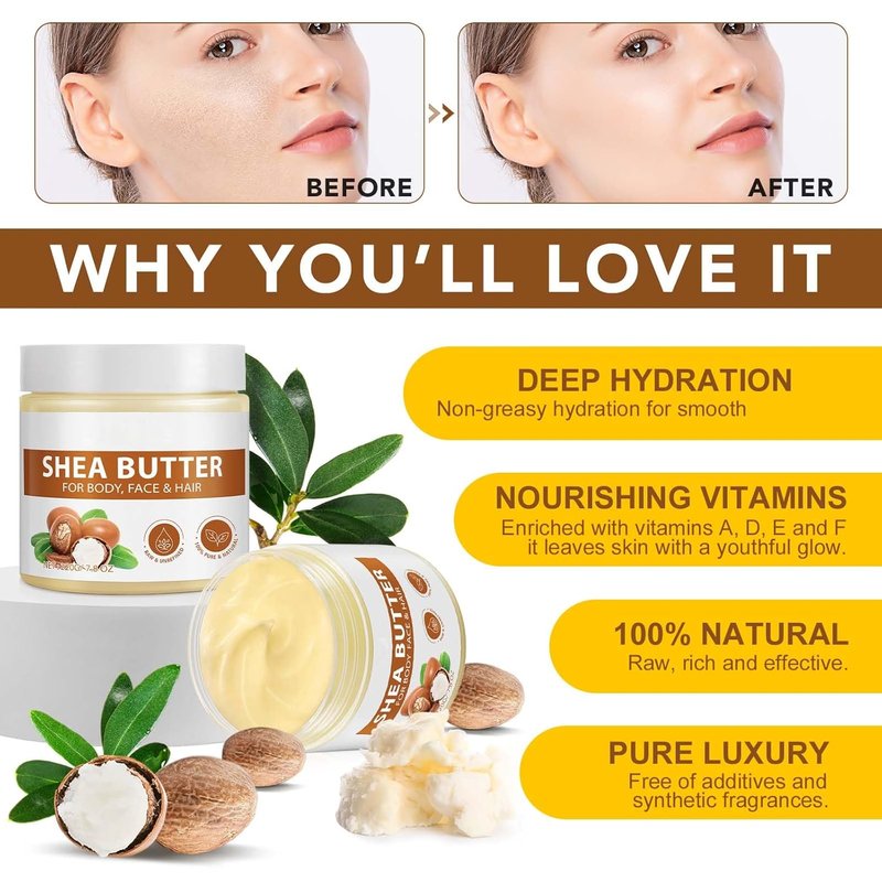 Raw Shea Butter - Pure Natural Moisturizer for Face & Body | Long-Lasting Hydration, 7.8 oz