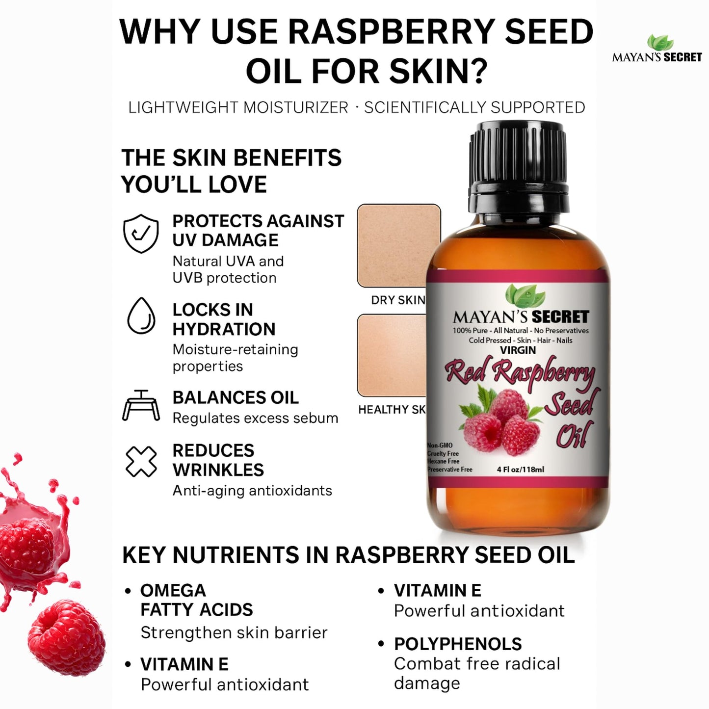 Mayan’s Secret Red Raspberry Seed Oil 4 oz – 100% Pure Cold Pressed Unrefined Virgin Oil for Skin, Face, Hair & Body – Lightweight Moisturizing Oil