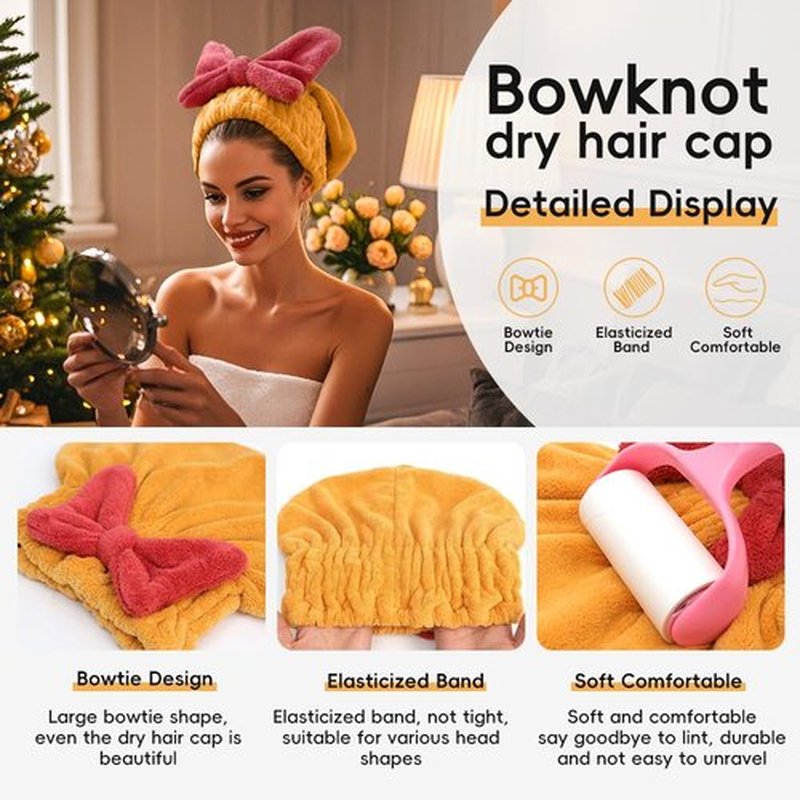 2Pcs Microfiber Hair Drying Caps Extrame Soft Ultra Absorbent Quick Drying Hair Turban Wrap Towels Bow Knot Shower Cap for Curly Long Thick Wet Hair Girls and Women (Blue+Pink)