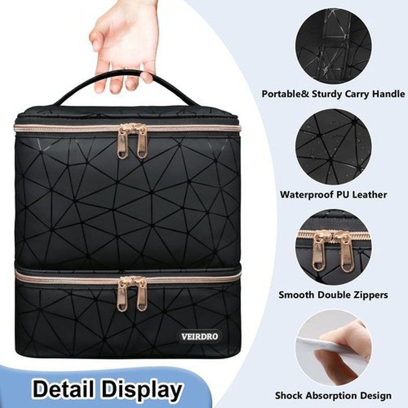 Veirdro Nail Polish Organizer Bag Holds 54 Bottles (15ml/0.5 fl.oz) and Nail Lamp, PU Leather Nail Kit Storage Carrying Case with Support Strap, Large Nail Supplies Shoulder Bag Women (Elegant Black)