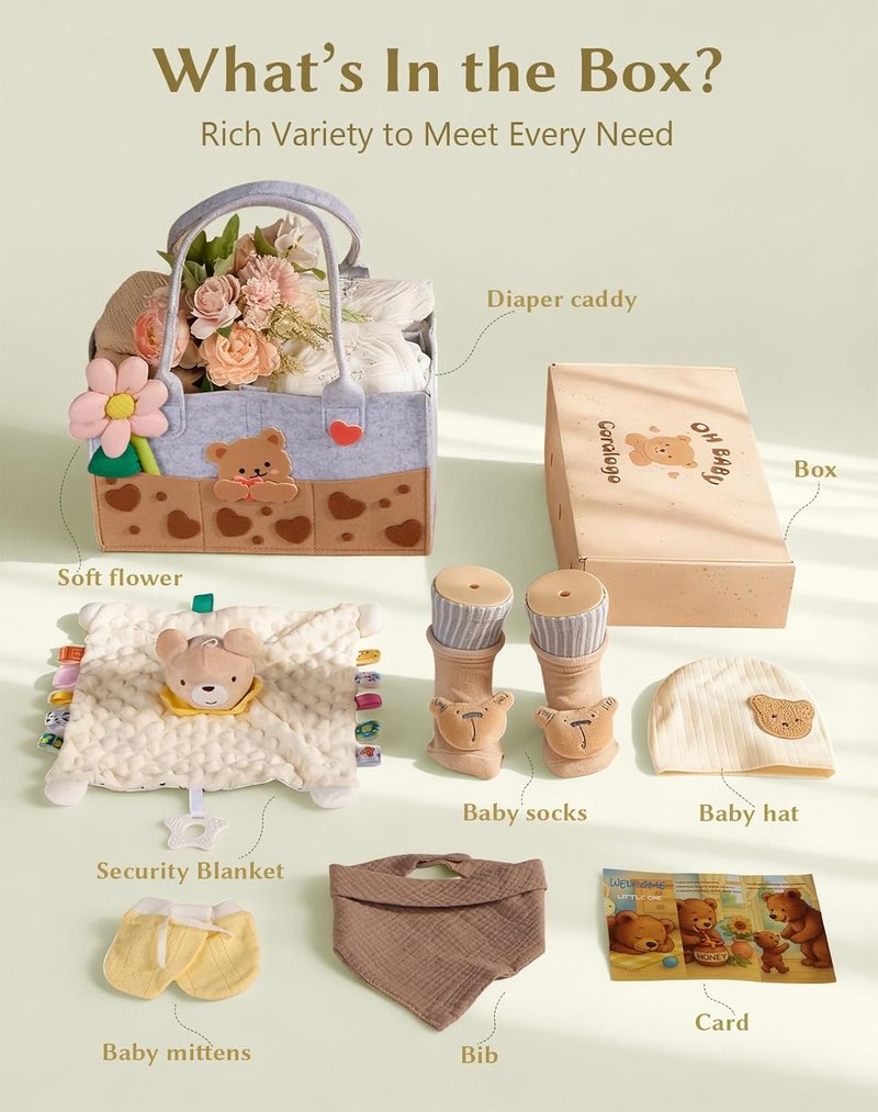 Baby Shower Gift Basket | Essential Newborn Gift Set with Diaper Caddy, Security Blanket, Hat, Bib, Socks & Mittens - Perfect for Boys & Girls