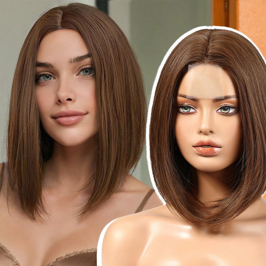 EMMOR Short Bob Wigs,Natural Shoulder Length Central Lace Bob Wgs, Premium Heat-Resistant Synthetic Straight Wigs for Women Daily Use(Brown with Light Brown Highlight)