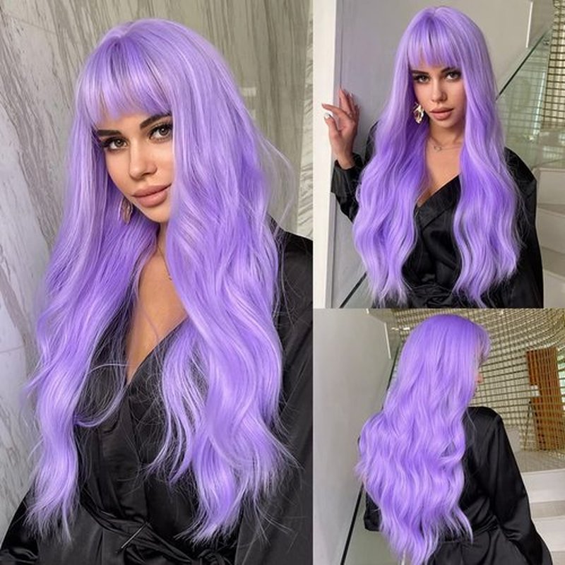 BERON Purple Wig Long Wavy Wig Light Purple Wig with Bangs Lavender Purple Wigs for Women Daily and Party Wig Cap Include