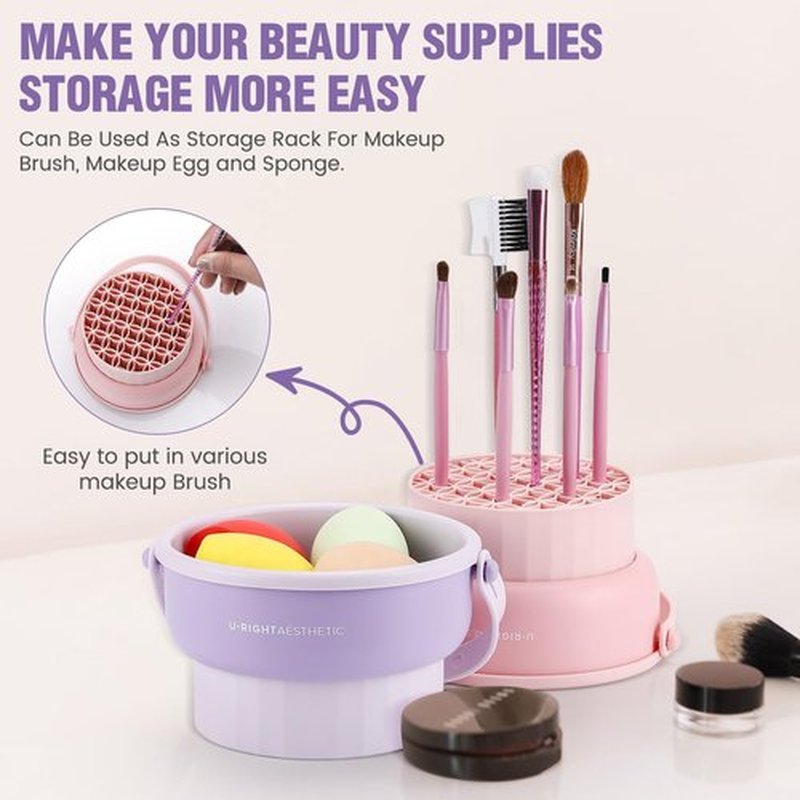 GOLIKEE 2 Pack Makeup Brush Cleaner Mat 3 in 1 Silicone Makeup Brush Cleaner Makeup Brush Cleaning Bowl Makeup Brush Sponge Scrubber Tool for Cleaning, Storage And Upside Down Drying(Two Purple)