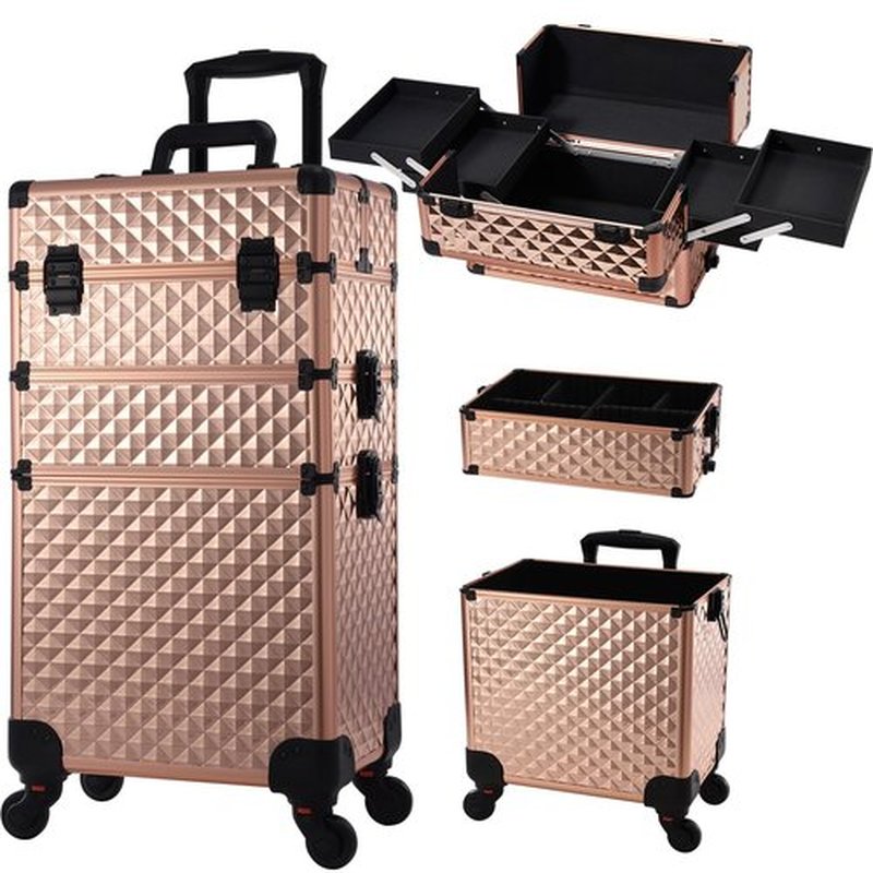 Frenessa Rolling Makeup Train Case 3 in 1 Professional Cosmetic Trolley Large Storage with keys Swivel Wheels Salon Barber Case Traveling Cart Trunk for Make Up Nail Tech - Vintage Rose Gold