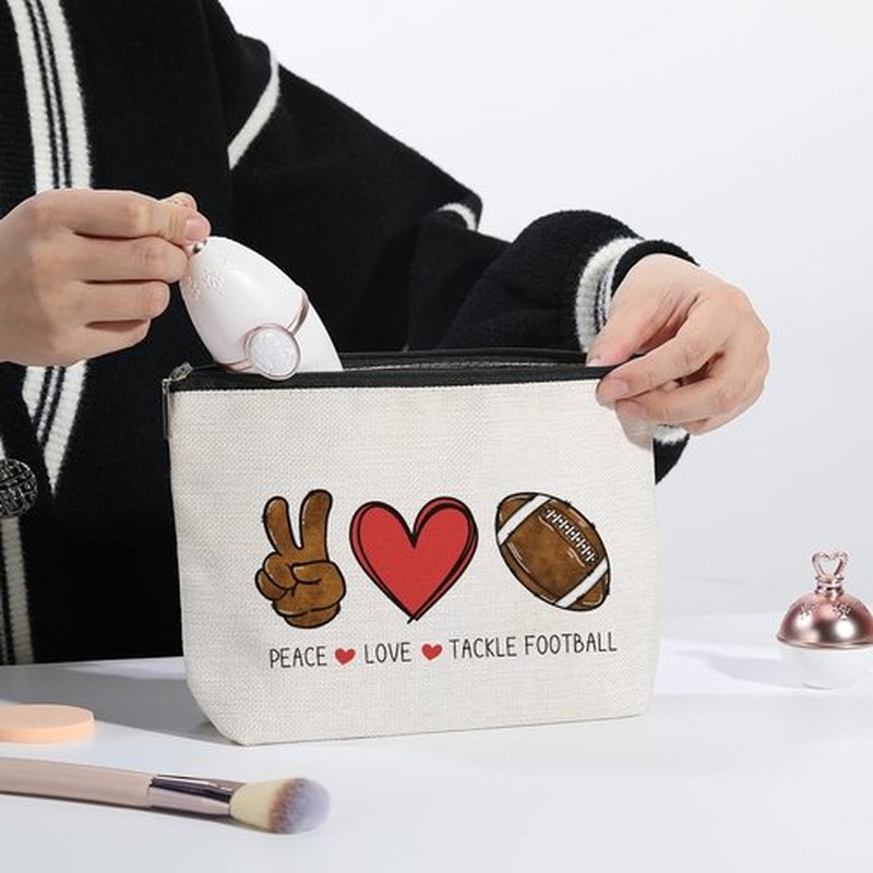 kdxpbpz Football Soccer Bag Football Mom Gifts Soccer Cosmetic Bag Soccer Team Coach Gifts Sport Fans Gifts for Football Lovers Players Birthday Gifts for Women Her - Peace Love Tackle Football