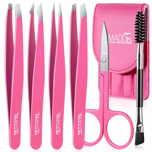 TsMADDTs 7 Pcs Tweezers Set, Tweezers for Women Facial Hair, Precision Tweezer for Eyebrows with Curved Scissors and Eyebrow Brush for Ingrown Hair