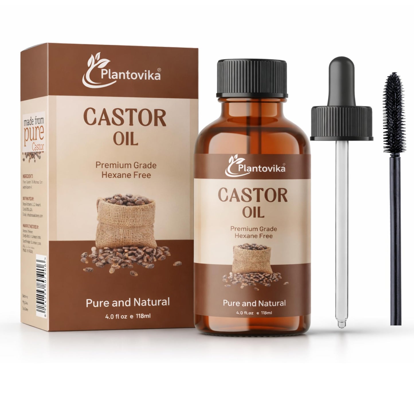 Plantovika Castor Oil for Hair, Eyelashes & Eyebrows – 100% Pure Cold-Pressed Castor Oil with Vitamin E, Moisturizing Oil for Hair, Scalp, Lashes & Skin (4 Fl Oz)