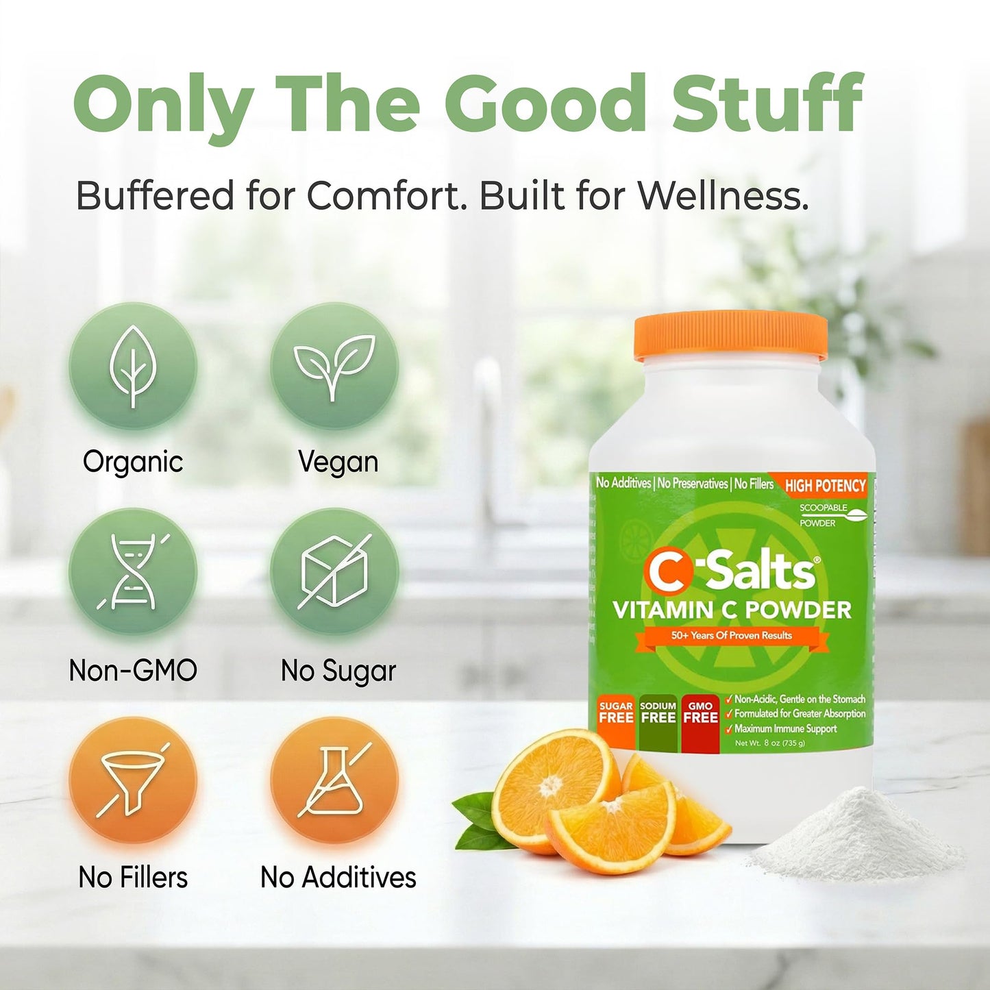 C-Salts Buffered Vitamin C Powder - Pure Organic, Stomach Friendly Ascorbic Acid VIT C Drink for Daily Immune Support & Collagen Production - Vegan Non GMO Sugar Free - 84 Servings Original, 8oz