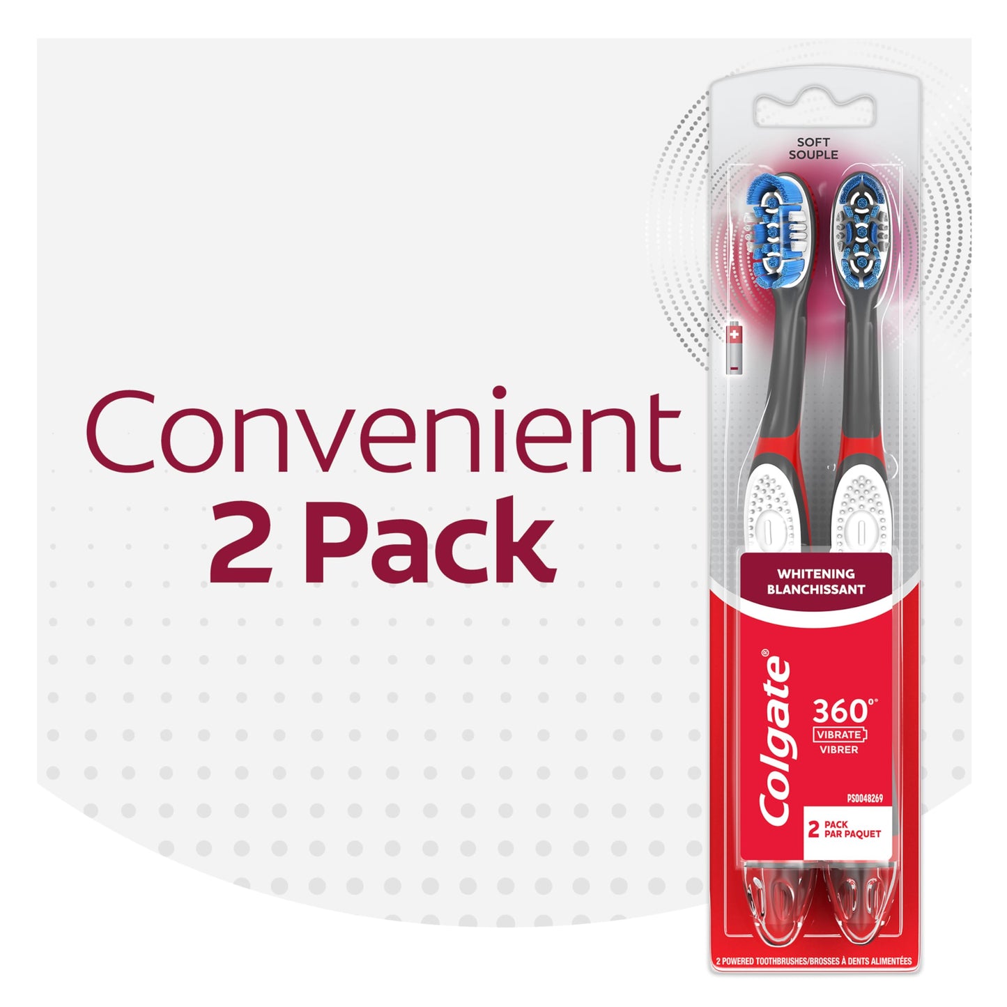 Colgate, 360 Optic White Sonic Battery Powered Vibrating Toothbrush Soft, 2 Count