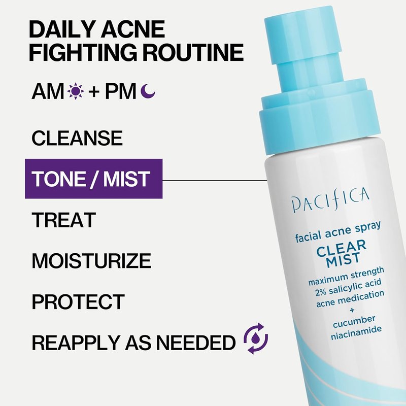 Pacifica Acne Treatment Facial Spray - Clear Mist with 2% Salicylic Acid & Niacinamide | Vegan, Dermatologist Tested