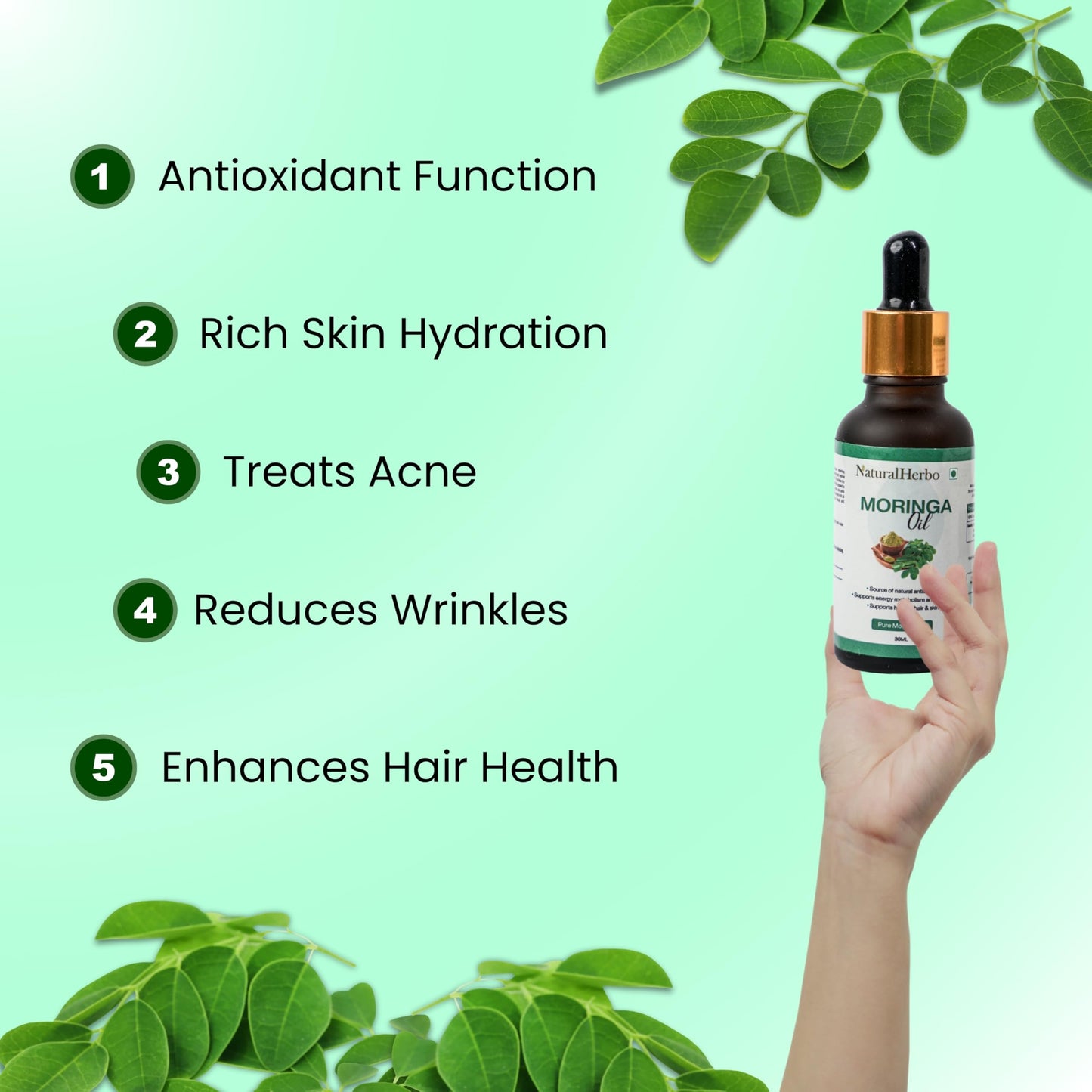 NaturalHerbo Moringa Seed Oil Pure, Cold Pressed, Oleifera Seed Oil | Behenic-Rich Herbal Oil for Skin, Hair, Scalp and Body, Fast-Absorbing Natural Moisturizer for Skin and Healthy Hair - 30 ML