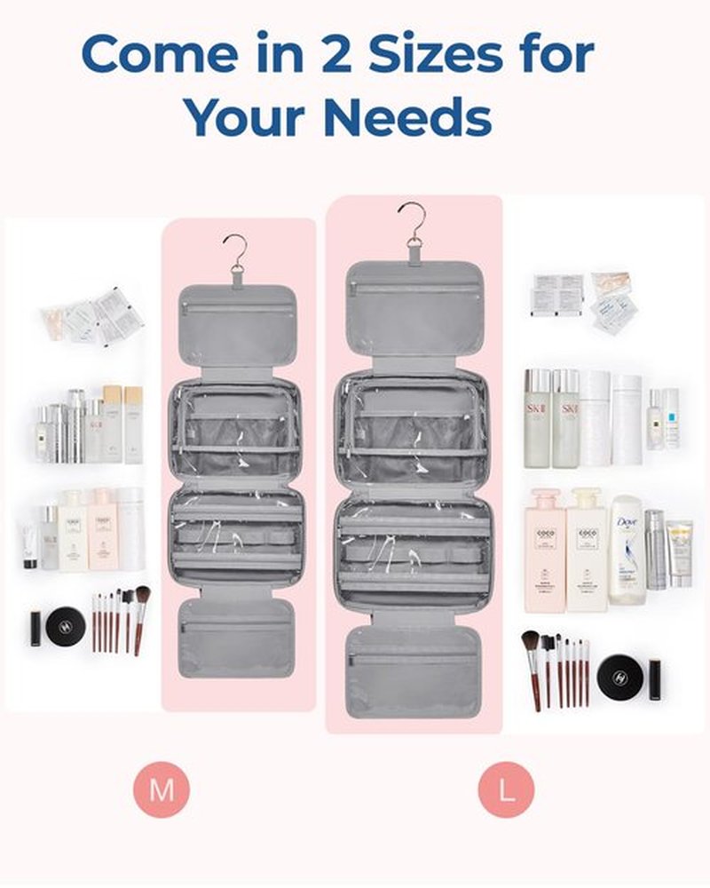 BAGSMART Travel Toiletry Bag with Jewelry Organizer, Hanging Travel Bag for Toiletries, Puffy Makeup Cosmetic Bag Organizer, Carry-on Travel Accessories Essentials, Grey-M