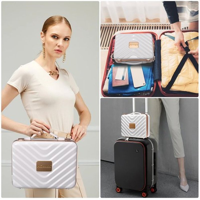 Mocado Travel Makeup Case with Lighted Mirror, Makeup Box with 8 Makeup Brushes and 10x Magnifying Mirror,Cosmetic Case Adjustable Brightness Makeup Train Case with Makeup Brushes Divider(White)