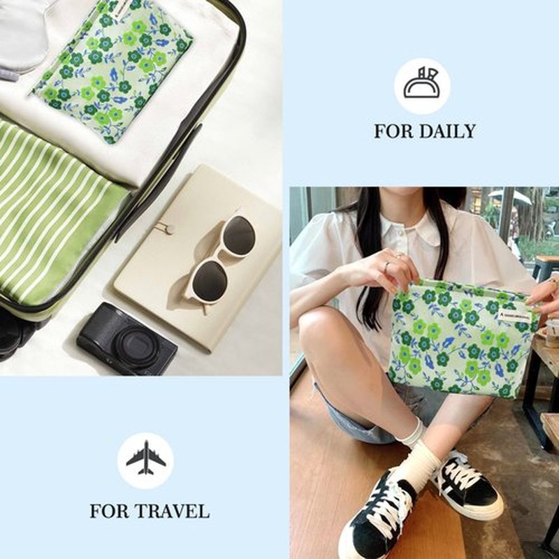 STARDW Floral Cosmetic Bags Makeup Bags for Women and Girls,Travel Makeup Bag Large Capacity Canvas Makeup Bag,Makeup Organizer Bag Zipper Pouch (Green Flowers)