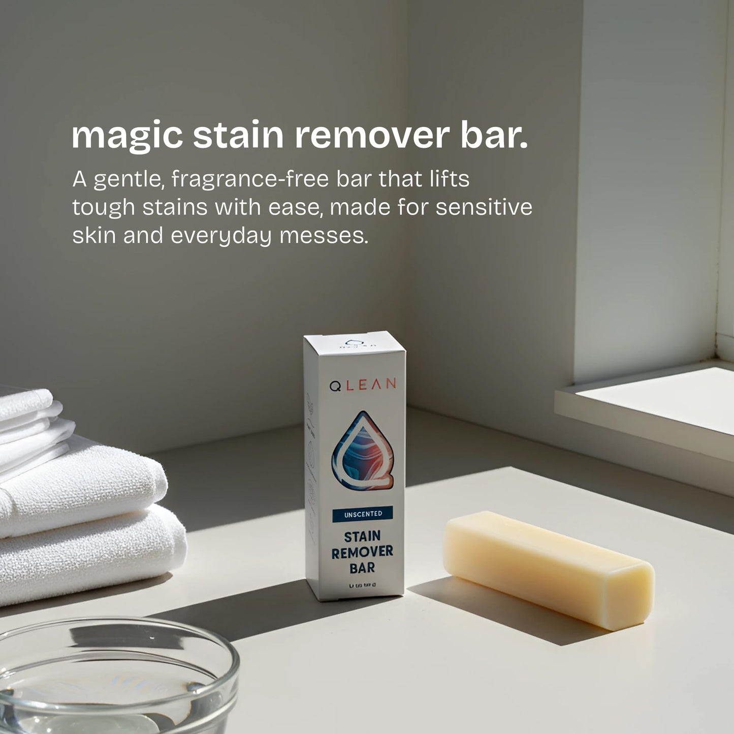 QLEAN Vegan Stain Remover Bar for Fabrics, Laundry Bar Soap for Clothes – Plant-Based, Travel-Friendly Stain Remover for Grease, Wine, Coffee, Grass & More – Non-Toxic & Safe for Delicates (1)
