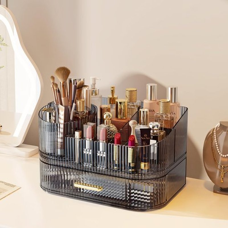 MIUOPUR Makeup Organizer with Rotating Makeup Brush Holder, Stackable Drawers for Bathroom Organizers and Storage, Make up Organizers for Vanity, Great for Cosmetics, skincare, Lipsticks -Black