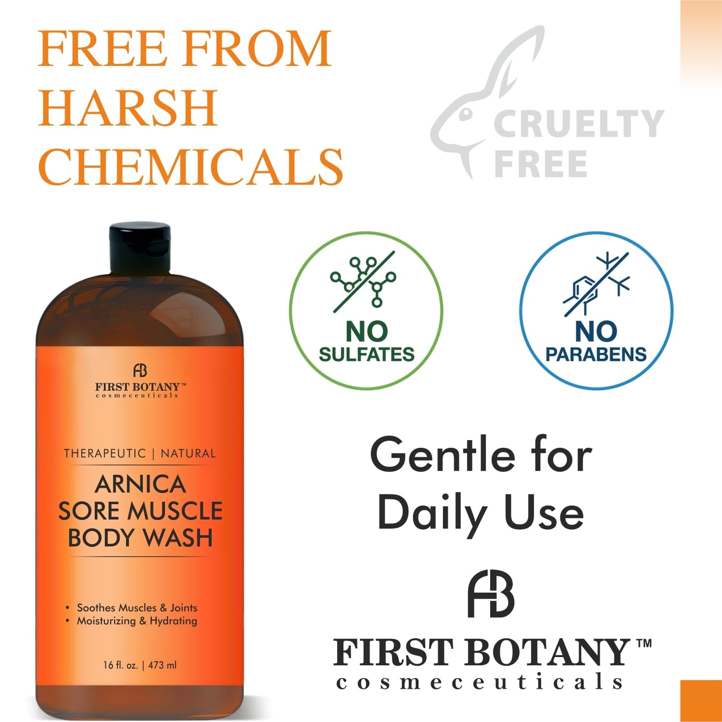 First Botany, ALL Natural Body Wash - Fights Body Odor, Athlete's Foot, Jock Itch, Nail Issues, Dandruff, Acne, Eczema, Shower Gel for Women & Men, Skin Cleanser -16 fl oz (Arnica)