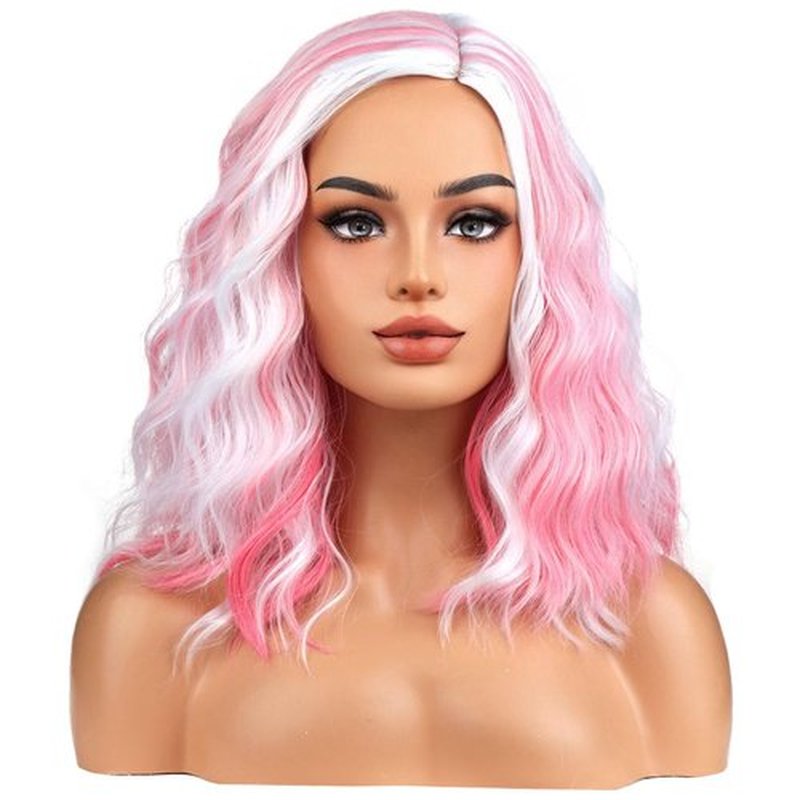 BERON ERON White and Pink Wigs for Women Short Curly Wavy Hair Wig Girls Mixed Highlights Color Synthetic Costume Cosplay or Used Wig