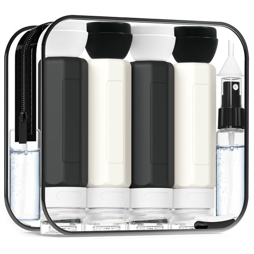 Redfly 17PCS Travel Bottles for Toiletries, TSA Approved Travel Size Containers, Leak Proof Travel Containers for Toiletries, Silicone Travel Kit for Shampoo, Conditioner, Lotion & Creams Black&White