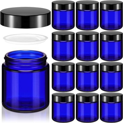 Norme 12 Pcs 4 oz Glass Jars with Lids Leakproof Round Airtight Jars Empty Cosmetic Jars with Inner Liners Lid for Storing Lotions Powder Ointments Candle Making (Cobalt Blue)